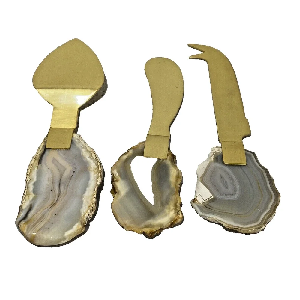 Lustrous Goldtone Metal & Raw Edge Agate Handles 3-pc Spreader Server Set Cheese